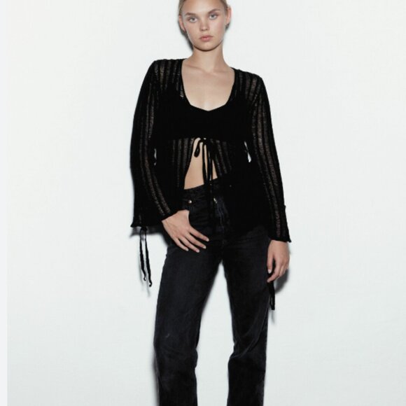 ZARA OPEN KNIT MESH BELL SLEEVE TIE FRONT GRUNGE LS TOP BLACK Small $90 - Picture 2 of 7
